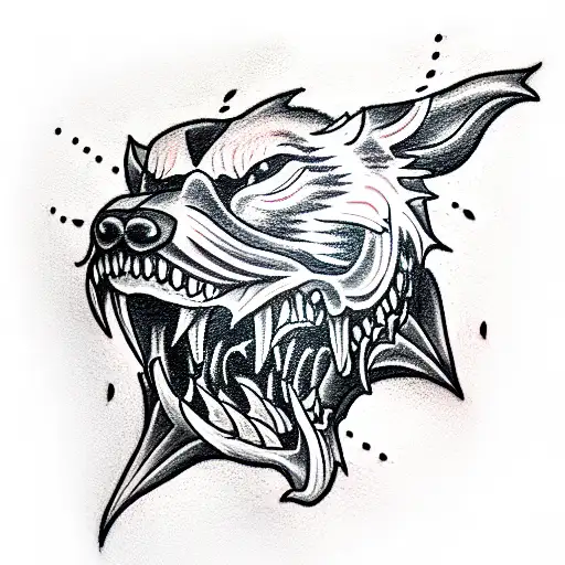 Evil dog with teeth, an open mouth with saliva, in a hellish style tattoo design idea