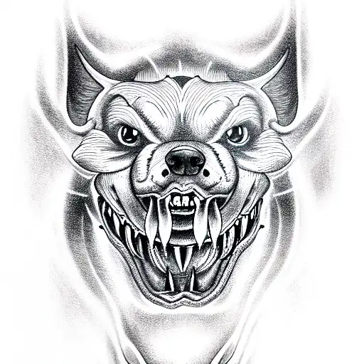 the head of a hellish dog with teeth, an open mouth with saliva, a grin, fury in tattoo design idea