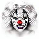 clown maniac with a wig round false nose in makeup with a wide scary smile and s tattoo design idea