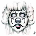 clown maniac with a wig round false nose in makeup with a wide scary smile and s tattoo design idea