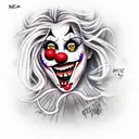 clown maniac with a wig round false nose in makeup with a wide scary smile and s tattoo design idea