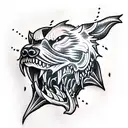 Evil dog with teeth, an open mouth with saliva, in a hellish style tattoo design idea