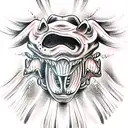 Evil dog with teeth, an open mouth with saliva, in a hellish style tattoo design idea