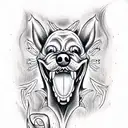 Evil dog with teeth, an open mouth with saliva, in a hellish style tattoo design idea