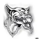 Evil dog with teeth, an open mouth with saliva, in a hellish style tattoo design idea