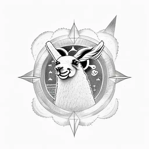 A minimalist tattoo design of a llama surrounded by sun, moon, stars, and clouds tattoo design idea