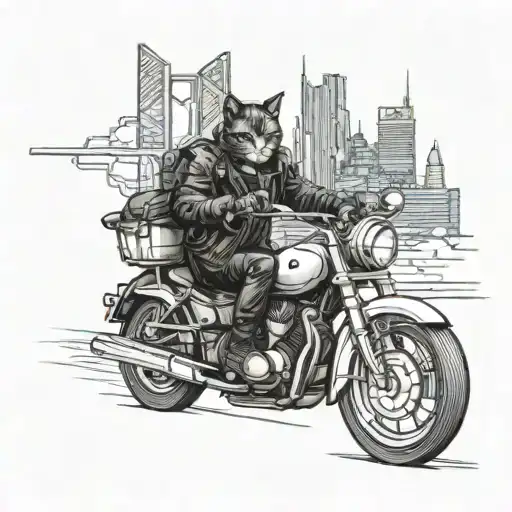 A futuristic cyberpunk scene of a person playing on their cellphone while riding a motorcycle through a cityscape, with a cat riding along in a sidecar tattoo design idea