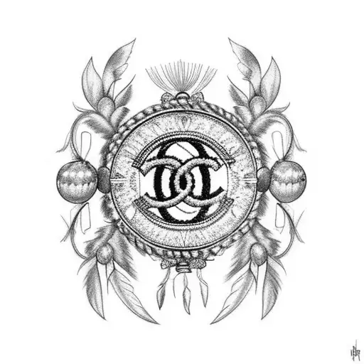 A black-grey tattoo featuring Coco Chanel C's intertwined with a dream catcher tattoo design idea