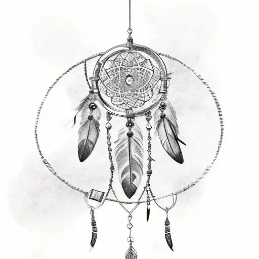A sketch-style tattoo of a dream catcher with Coco Chanel C's hanging from the feathers tattoo design idea