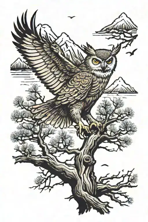 - pine trees (maybe elk or deer in trees) owl In branches somewhere  - Mountains in background  - Usmc (maybe Iwo Jima f tattoo design idea