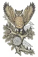 - pine trees (maybe elk or deer in trees) owl In branches somewhere  - Mountains in background  - Usmc (maybe Iwo Jima f tattoo design idea