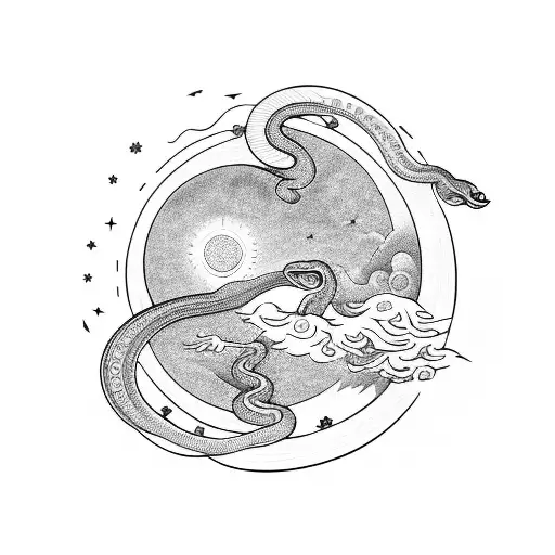 long snake with sun and moon and flowers  tattoo design idea