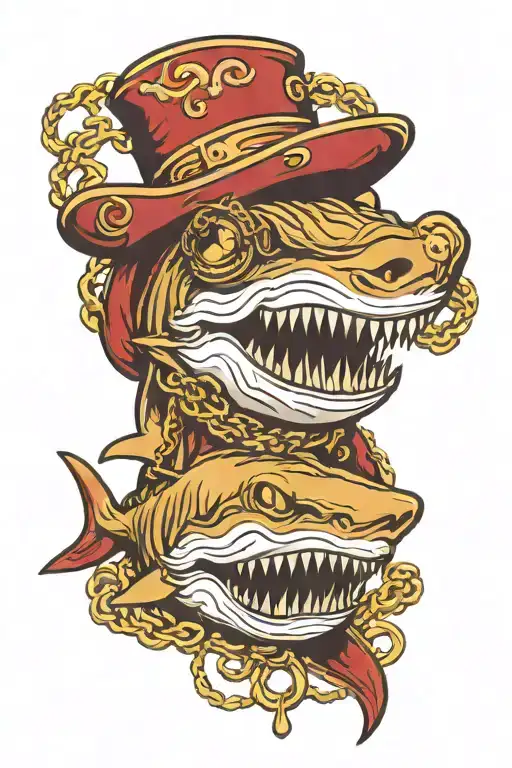 shark aristocrat in a hat with a monocle in gold chains with the inscription “there is always a way out” tattoo design idea