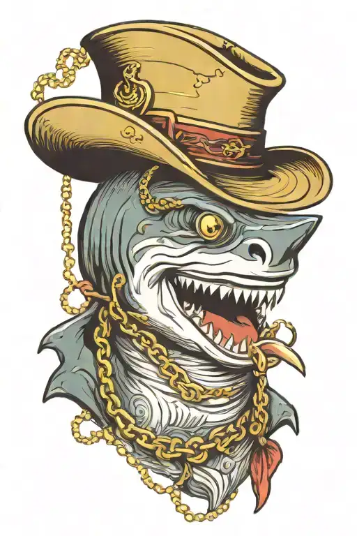 shark aristocrat in a hat with a monocle in gold chains with the inscription “there is always a way out” tattoo design idea