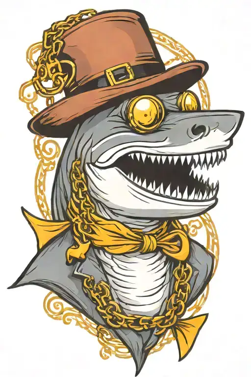 shark aristocrat in a hat with a monocle in gold chains with the inscription “there is always a way out” tattoo design idea