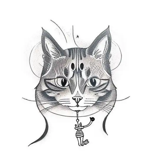 A new-school style tattoo of a cat doing a yoga pose in a nature setting with a dark twist tattoo design idea