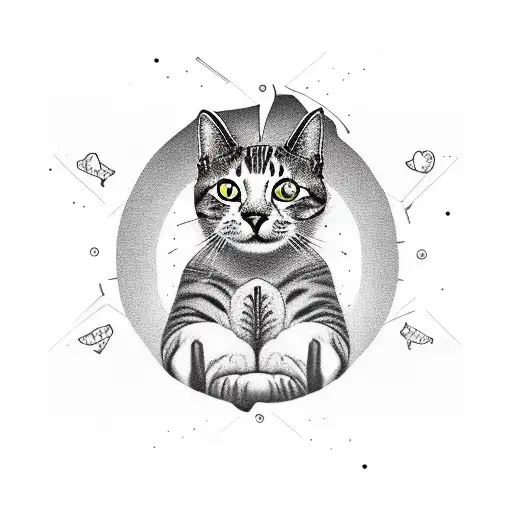 A new-school style tattoo of a cat doing a yoga pose in a nature setting with a dark twist tattoo design idea