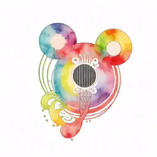 King Ettore defends Minnie unnder rainbow colored soundhole tattoo design idea