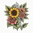 sunflower, rose, carnation, mum, maple leaf tattoo design idea