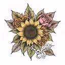 sunflower, rose, carnation, mum, maple leaf tattoo design idea