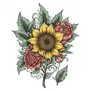 sunflower, rose, carnation, mum, maple leaf tattoo design idea