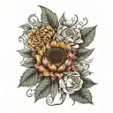 sunflower, rose, carnation, mum, maple leaf tattoo design idea