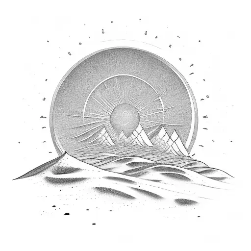 Sand dunes next to the sea. Rising sun in the distance tattoo design idea