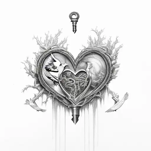 brokenchain being mended, a dark and intricate key unlocking a hidden heart, or two birds in flight tattoo design idea