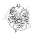 intertwined vines, broken chain being mended, a dark and intricate key unlocking a hidden heart, or two birds in flight tattoo design idea