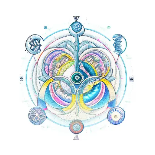 clock, gemini zodiac, flower of life on sleeve tattoo design idea