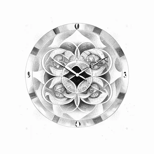 clock, gemini zodiac, flower of life on sleeve tattoo design idea