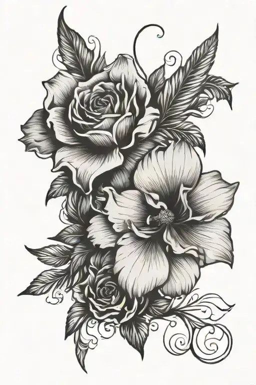 Masculine floral sleeve using only black ink  tattoo design idea