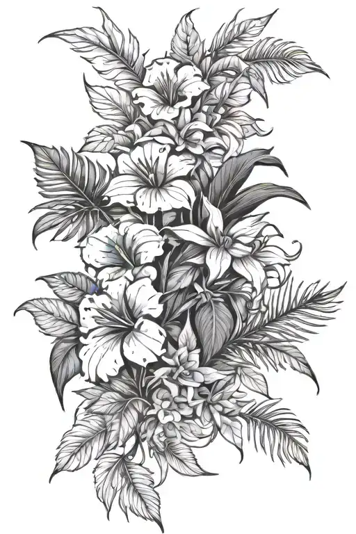 floral tattoo using jungle plants only. the image should be in the negative format. masculine theme tattoo design idea