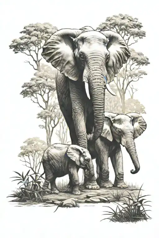 mom and son elephant in the forest scene tattoo design idea