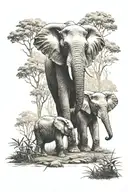 mom and son elephant in the forest scene tattoo design idea