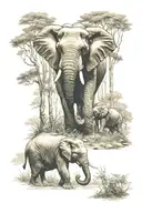 mom and son elephant in the forest scene tattoo design idea