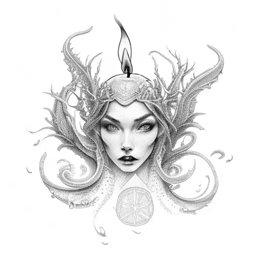 Burning candle with intricate flame details tattoo design idea