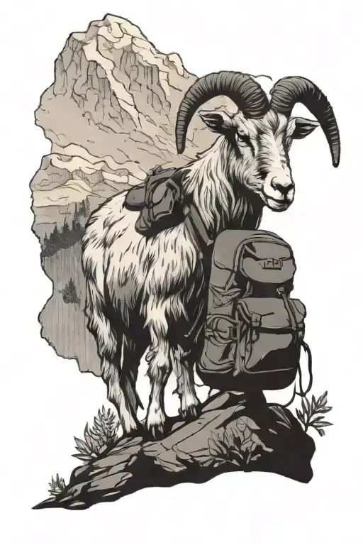 a goat wearing a hiking backpack standing in front of a mountain tattoo design idea
