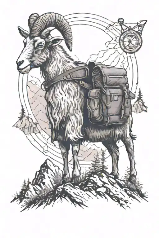 a goat wearing a hiking backpack on its back standing in front of a mountain with binoculars around its neck tattoo design idea