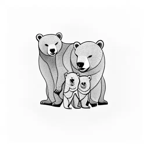 A minimalist blackwork tattoo of a bear family hugging each other tattoo design idea