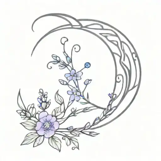 purple crescent moon with Celtic  with Heather sprig and forget me not tattoo design idea