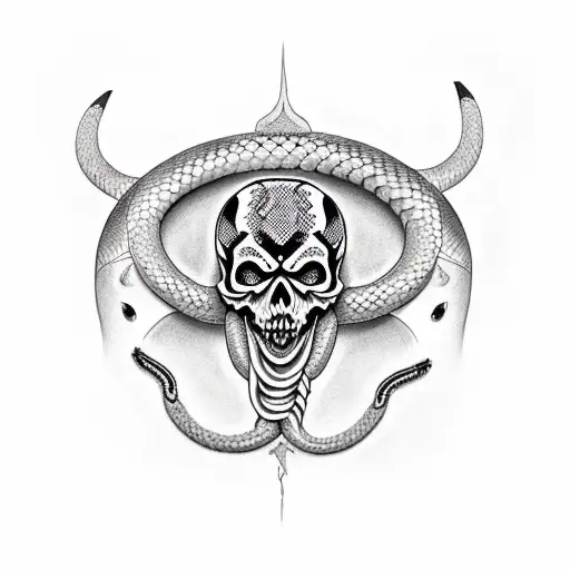 Ash skull with 6 horns and a snake around the neck tattoo design idea