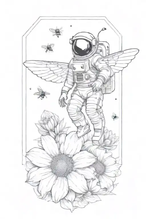 astronaut with the wings of a bee hovering over a flower, the wings are behind the arms, the fingers are clearly defined tattoo design idea