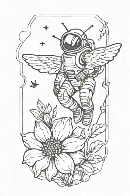 astronaut with the wings of a bee hovering over a flower tattoo design idea