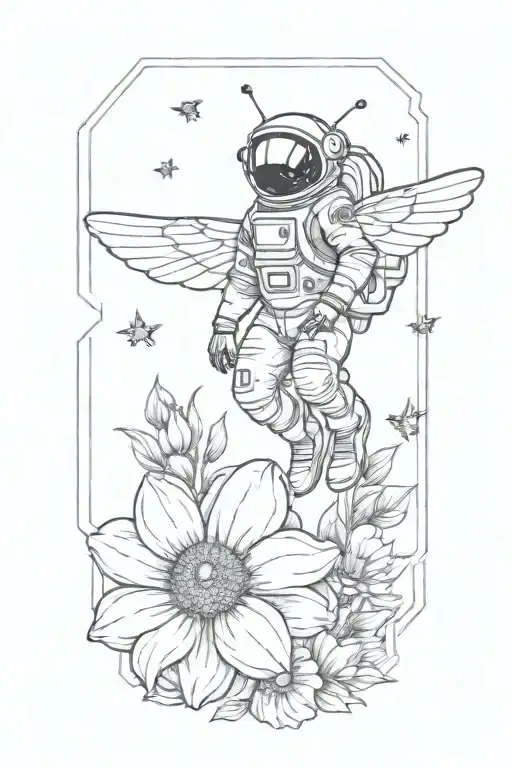 astronaut with the wings of a bee hovering over a flower, the wings are behind the arms tattoo design idea
