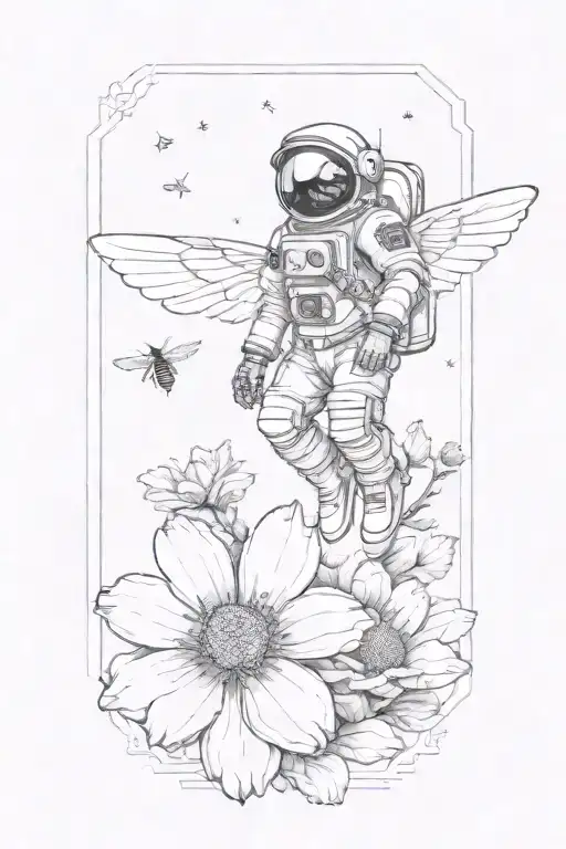 astronaut with the wings of a bee hovering over a flower, the wings are behind the arms, the fingers are clearly defined tattoo design idea