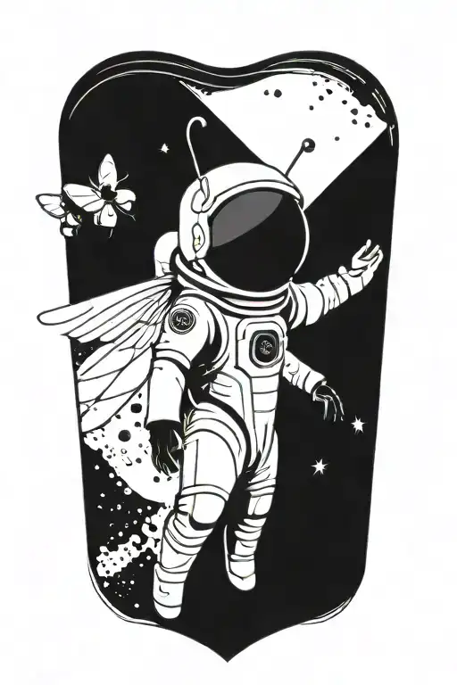minimalist astronaut with the wings of a bee tattoo design idea