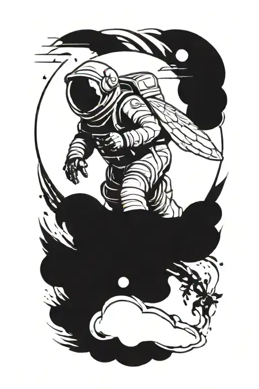 minimalist astronaut with the wings of a bee tattoo design idea