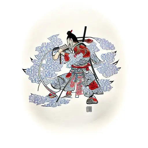 A tattoo of a samurai warrior surrounded by cherry blossoms, symbolizing the client's admiration for Japanese culture and the strength of a warrior tattoo design idea