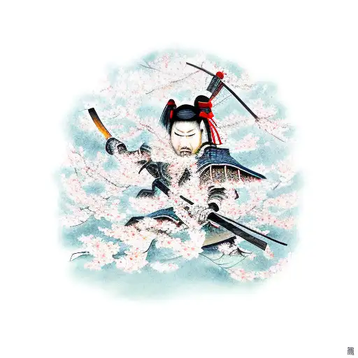 A tattoo of a samurai warrior surrounded by cherry blossoms, symbolizing the client's admiration for Japanese culture and the strength of a warrior tattoo design idea